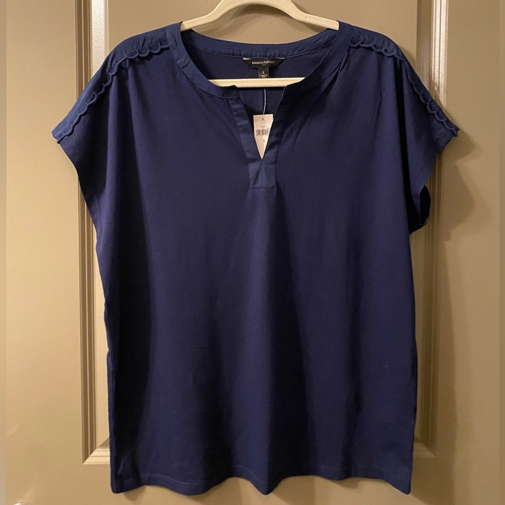 NWT Banana Republic Oversized V Neck Top Scalloped Shoulder Blue Cotton Modal L